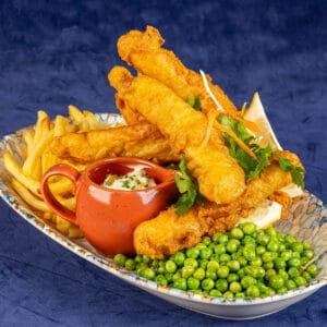 FISH AND CHIPS CU MAZĂRE CROCANTĂ (200/200/200 gr)
